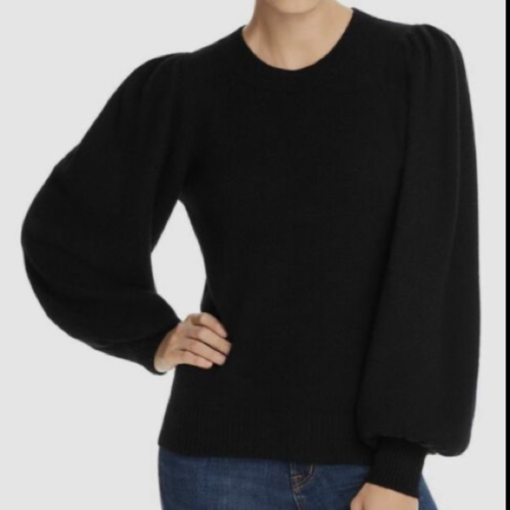 Aqua Black Puff-Sleeve Crewneck Sweater